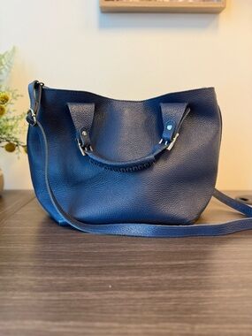 Pebbled Leather Blue Medium Shoulder Bag | Buckle Accent Adjustable Strap